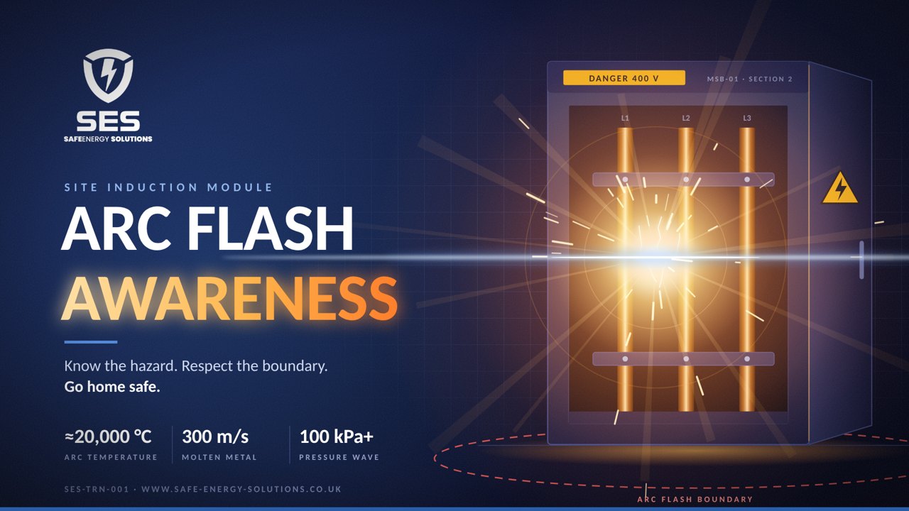 SES Arc Flash Awareness module title frame, SES-AF-Awareness-001