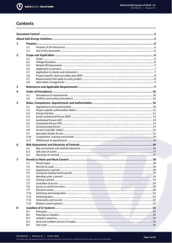 SES-ESR-001 contents page