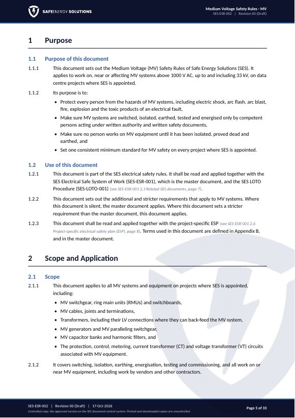SES-ESR-002 Medium Voltage Safety Rules page 1