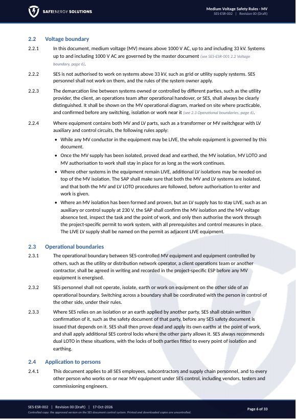 SES-ESR-002 Medium Voltage Safety Rules page 2
